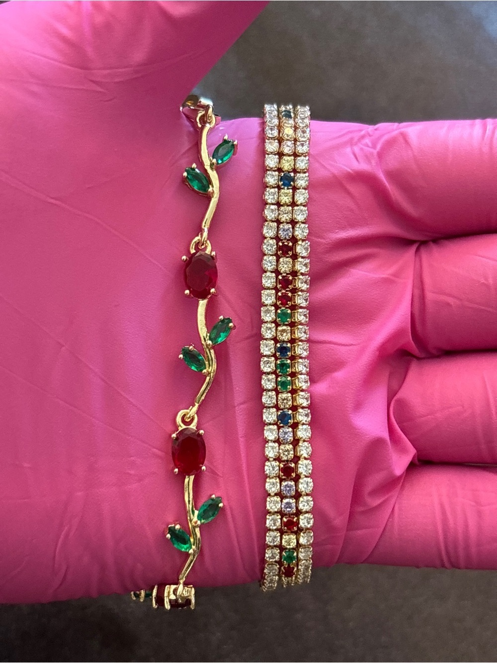 Pretty Bird Yellow Gold Rose & Triple Tennis CZ Bracelets - Picture 6 of 12
